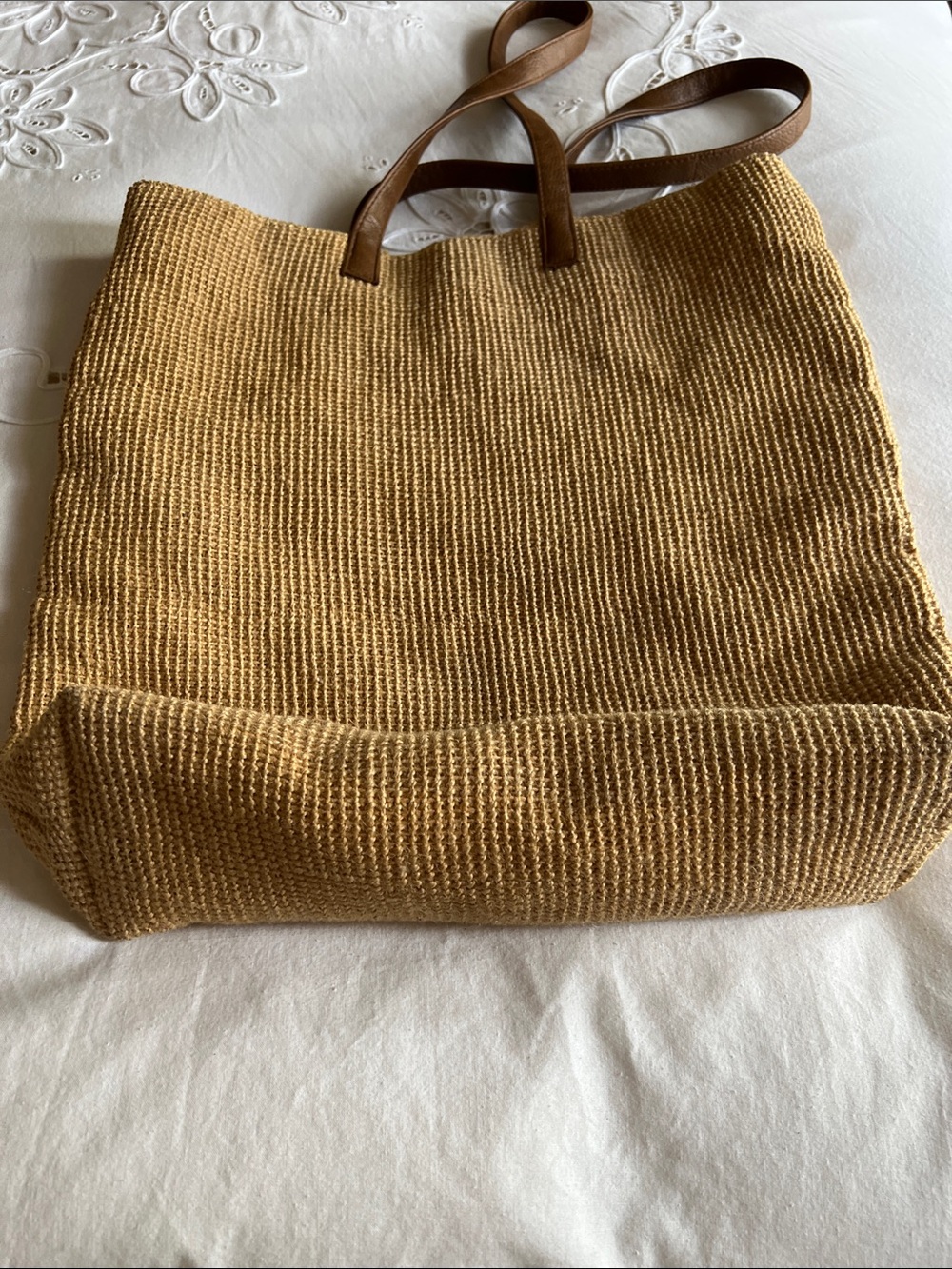 Woven Tote Bag with Brown Handles - Mustard - Picture 3 of 3